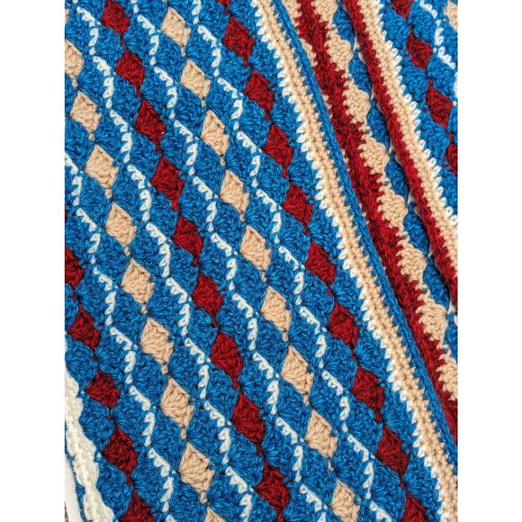 Vintage Handmade Chunky Knit Cardigan Sweater Blue Red Grannycore Crochet Afghan - Picture 4 of 4